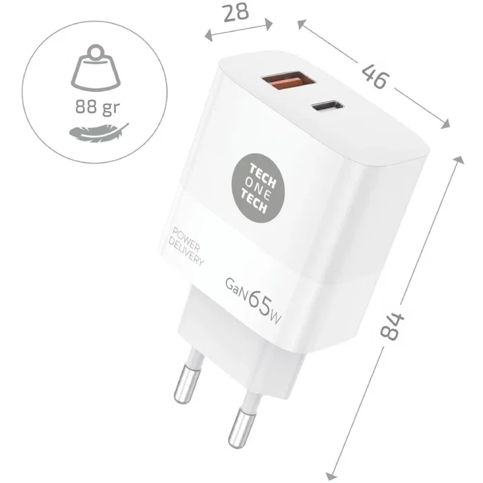 Tech One Tech Cargador GaN TEC2270 65W Pared USB-C + USB-A Carga Rápida PD 3.0, Compatible con MacBook, iPhone, Tablet, Portátil - Blanco